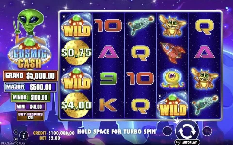 Cosmic Cash base game: wild saucers, aliens, rockets and money moons with cash values on the 5x4 reels